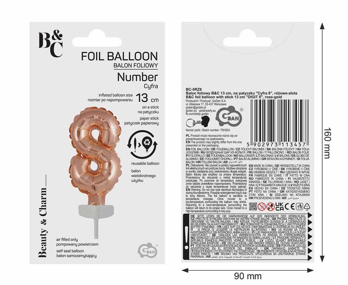 Balon foliowy B&C 13 cm na patyczku "Cyfra 8", różowo-złota